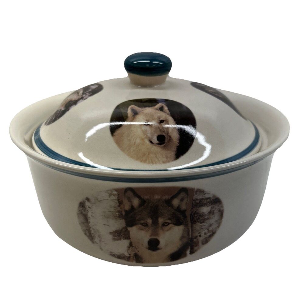 Vintage National Wildlife Federation 8” Dia.‎ Wolf Bowl With Lid - VGC